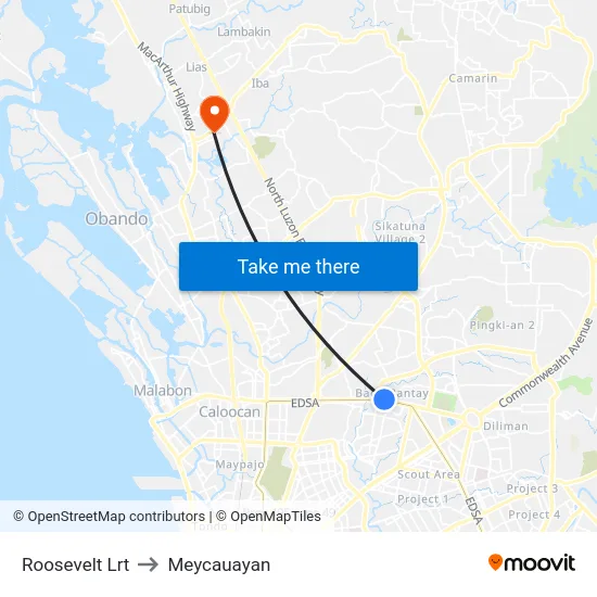 Roosevelt Lrt to Meycauayan map
