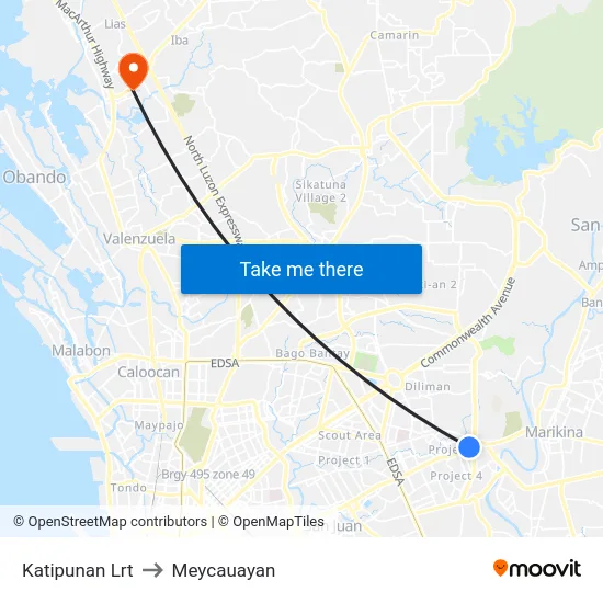 Katipunan Lrt to Meycauayan map