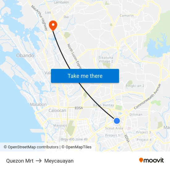 Quezon Mrt to Meycauayan map