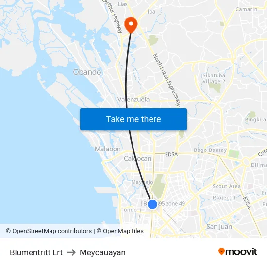 Blumentritt Lrt to Meycauayan map