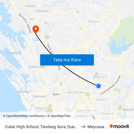Culiat High School, Tandang Sora, Quezon City to Meycauayan map