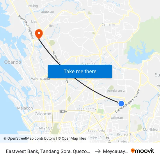 Eastwest Bank, Tandang Sora, Quezon City to Meycauayan map