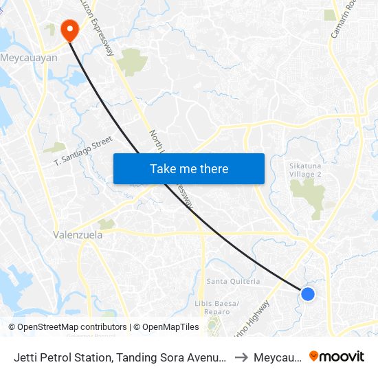 Jetti Petrol Station, Tanding Sora Avenue, Quezon City to Meycauayan map