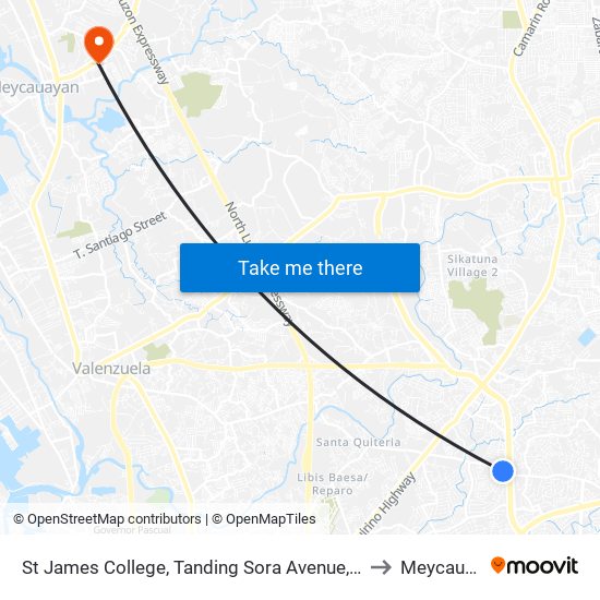 St James College, Tanding Sora Avenue, Quezon City to Meycauayan map