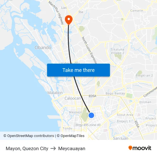 Mayon, Quezon City to Meycauayan map
