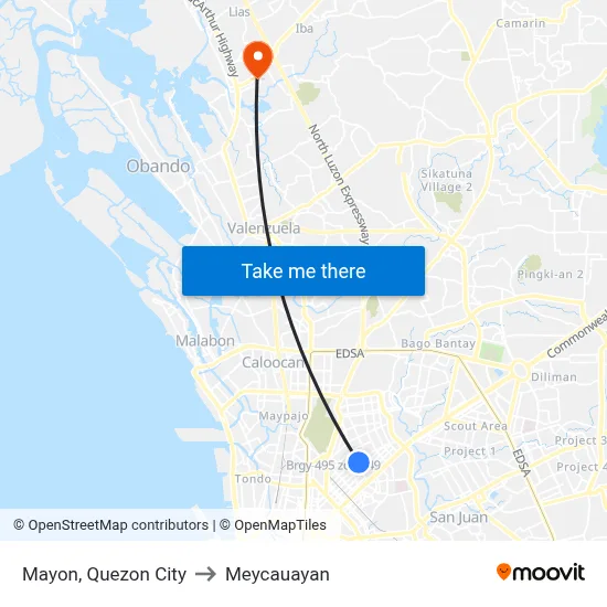 Mayon, Quezon City to Meycauayan map
