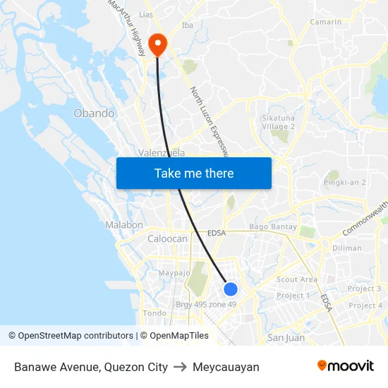 Banawe Avenue, Quezon City to Meycauayan map