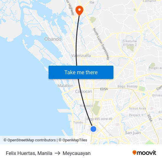 Felix Huertas, Manila to Meycauayan map