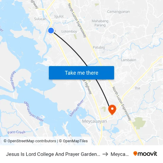 Jesus Is Lord College And Prayer Garden, Bocaue, Bulacan to Meycauayan map