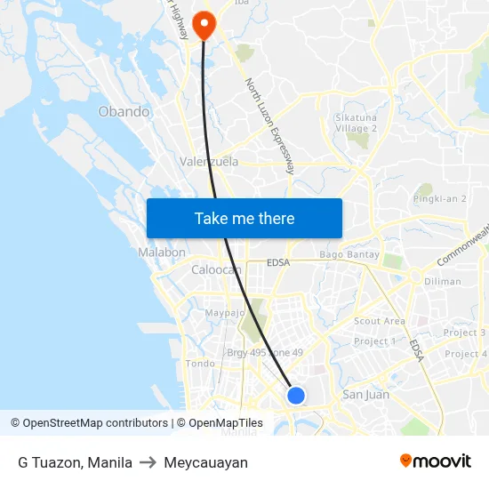G Tuazon, Manila to Meycauayan map