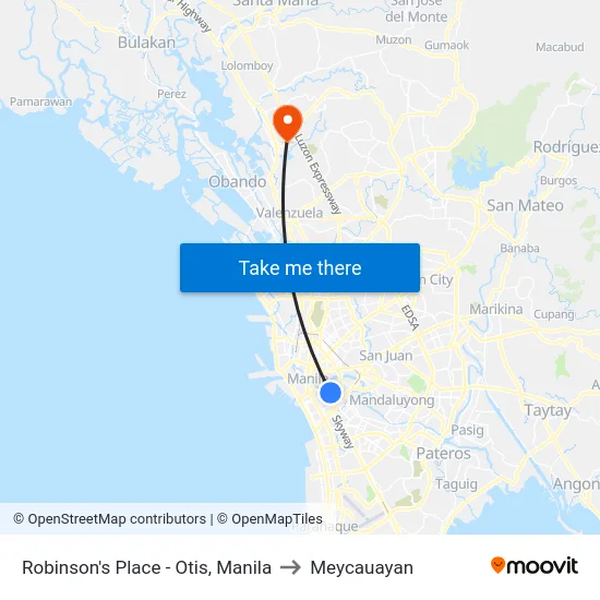 Robinson's Place - Otis, Manila to Meycauayan map
