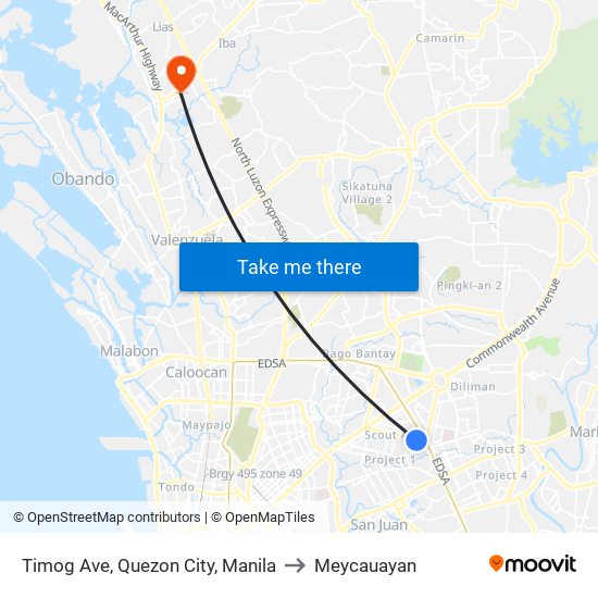 Timog Ave, Quezon City, Manila to Meycauayan map
