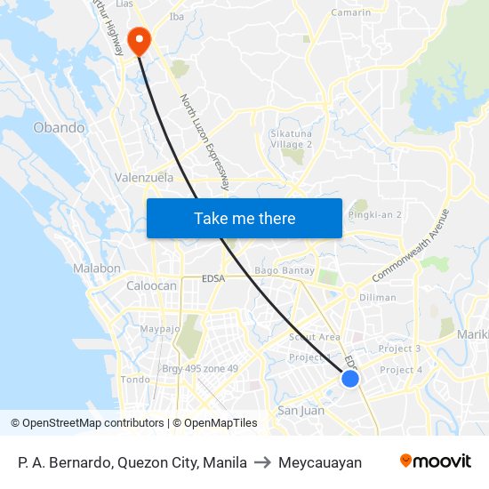 P. A. Bernardo, Quezon City, Manila to Meycauayan map