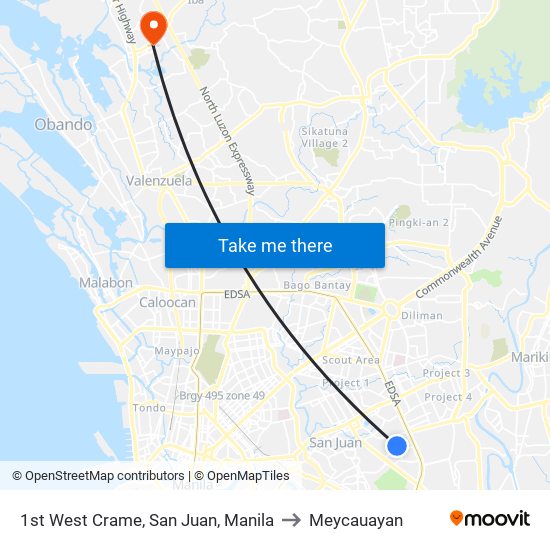 1st West Crame, San Juan, Manila to Meycauayan map