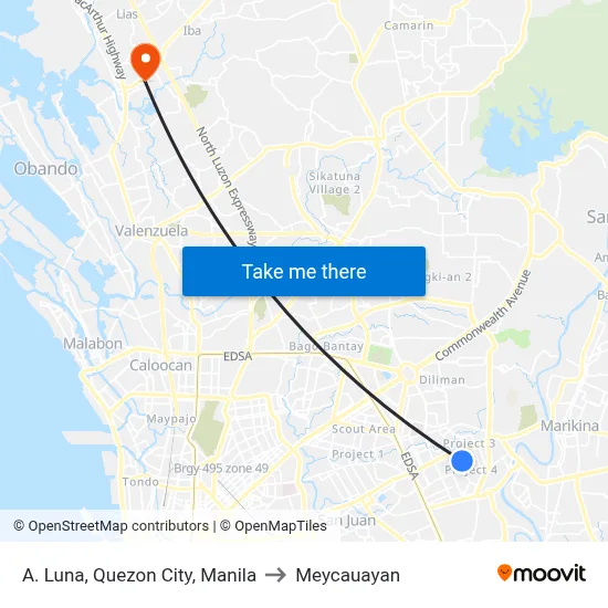 A. Luna, Quezon City, Manila to Meycauayan map