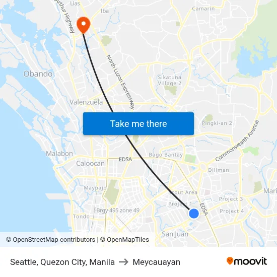 Seattle, Quezon City, Manila to Meycauayan map