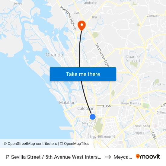 P. Sevilla Street / 5th Avenue West Intersection, Caloocan City to Meycauayan map