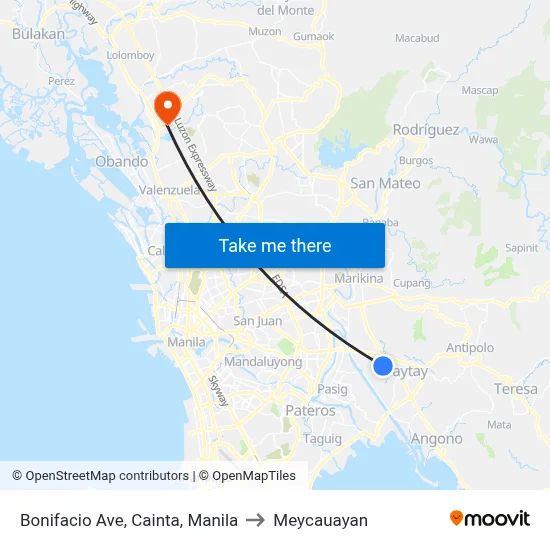 Bonifacio Ave, Cainta, Manila to Meycauayan map