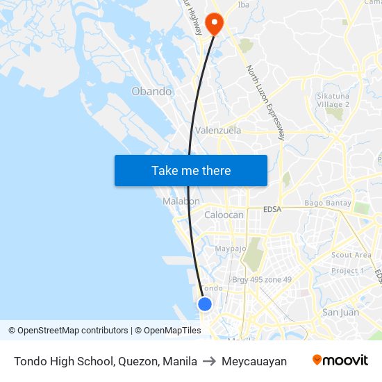 Tondo High School, Quezon, Manila to Meycauayan map