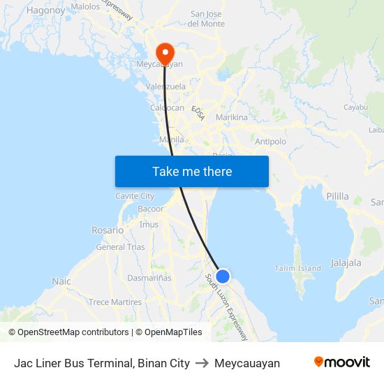 Jac Liner Bus Terminal, Binan City to Meycauayan map
