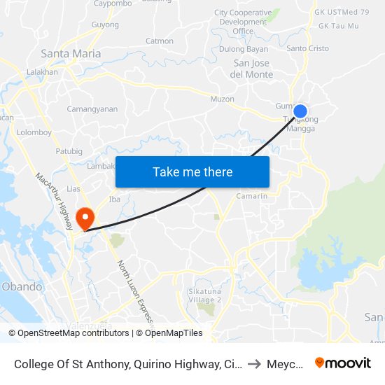 College Of St Anthony, Quirino Highway, City Of San Jose Del Monte to Meycauayan map