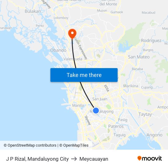 J P Rizal, Mandaluyong City to Meycauayan map