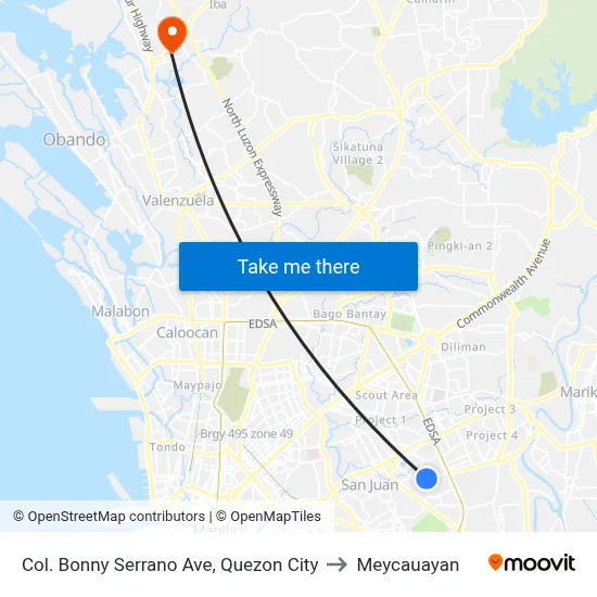 Col. Bonny Serrano Ave, Quezon City to Meycauayan map
