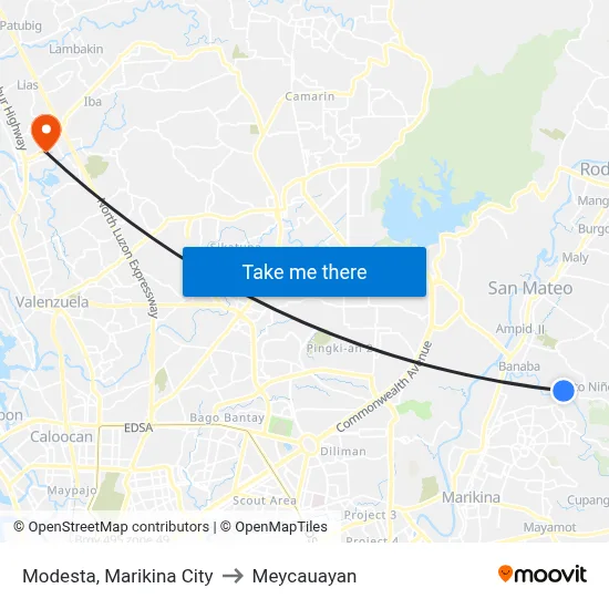 Modesta, Marikina City to Meycauayan map