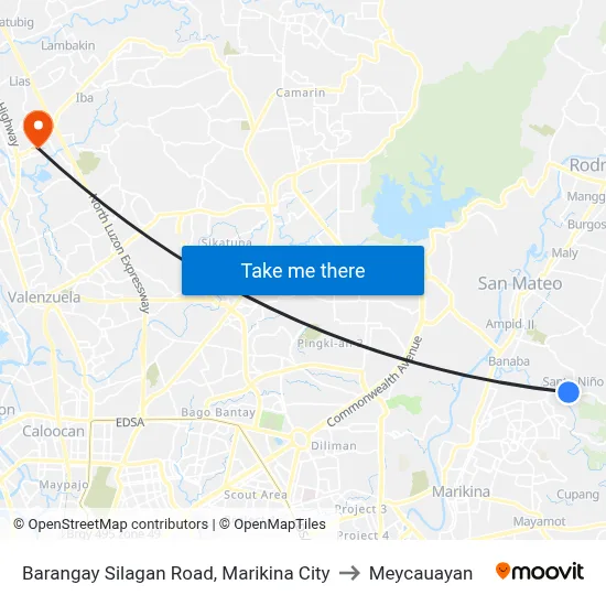Barangay Silagan Road, Marikina City to Meycauayan map