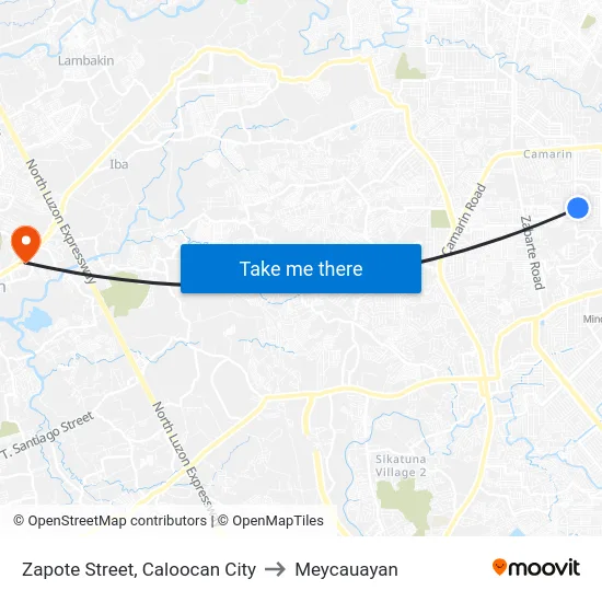 Zapote Street, Caloocan City to Meycauayan map