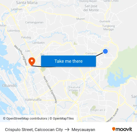 Crispulo Street, Calcoocan City to Meycauayan map