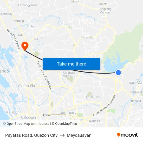 Payatas Road, Quezon City to Meycauayan map