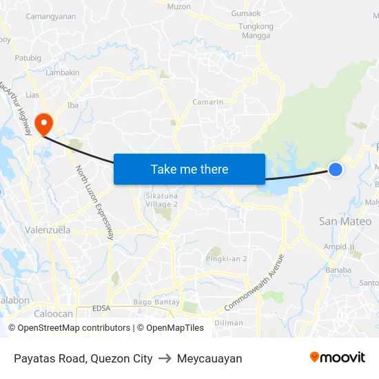 Payatas Road, Quezon City to Meycauayan map