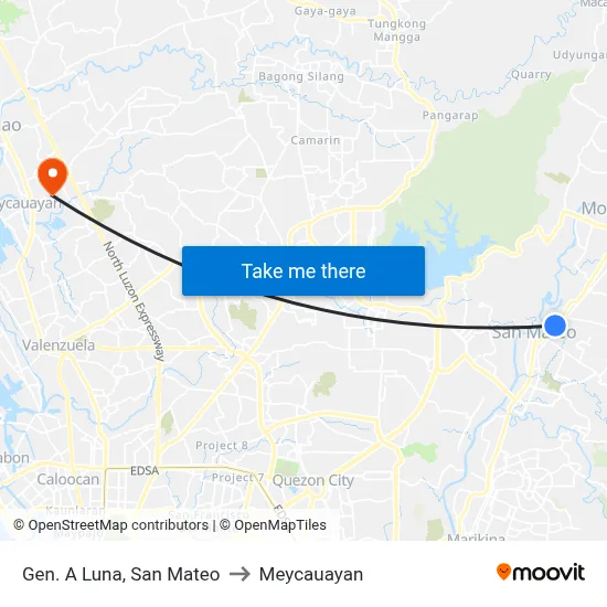Gen. A Luna, San Mateo to Meycauayan map