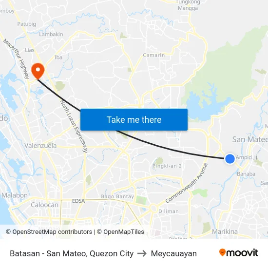 Batasan - San Mateo, Quezon City to Meycauayan map