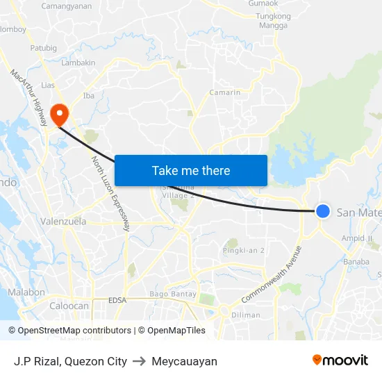 J.P Rizal, Quezon City to Meycauayan map