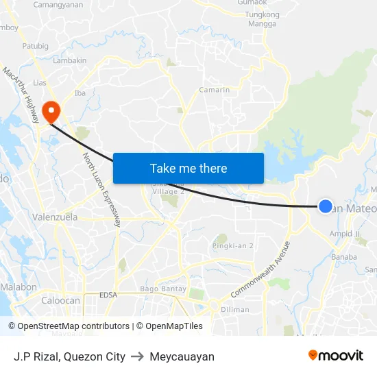 J.P Rizal, Quezon City to Meycauayan map
