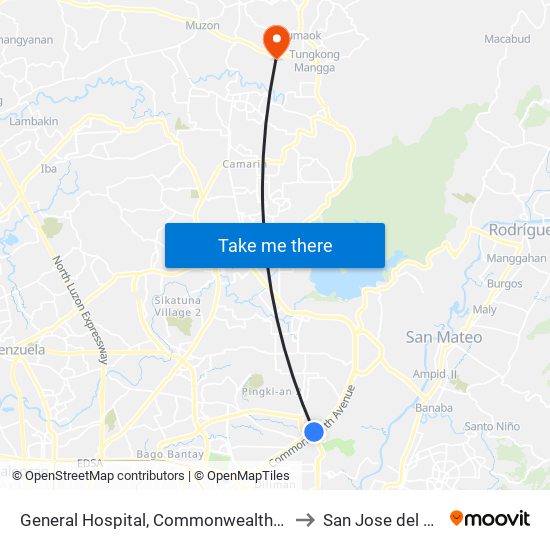 General Hospital, Commonwealth Avenue, Quezon City to San Jose del Monte City map