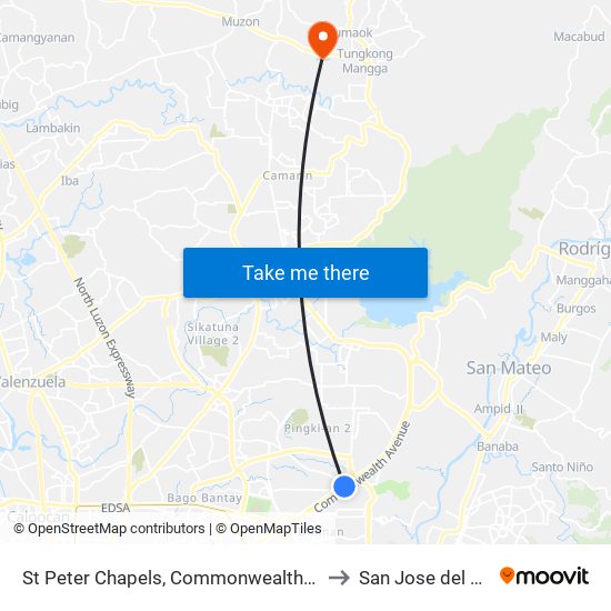 St Peter Chapels, Commonwealth Avenue, Quezon City to San Jose del Monte City map