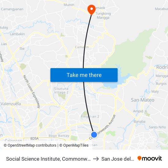 Social Science Institute, Commonwealth Avenue, Quezon City to San Jose del Monte City map