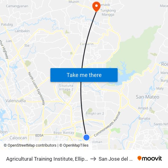 Agricultural Training Institute, Elliptical Rd, Quezon City to San Jose del Monte City map