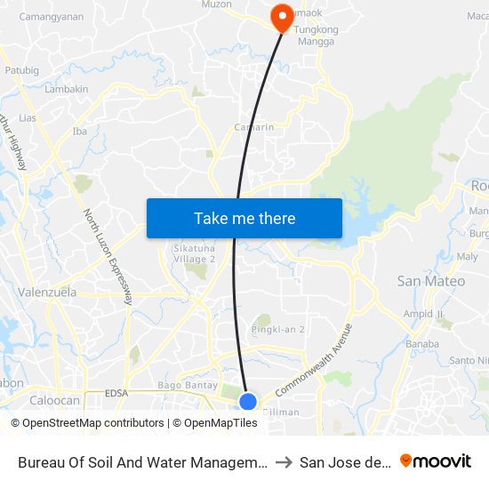 Bureau Of Soil And Water Management, Elliptical Rd, Quezon City to San Jose del Monte City map