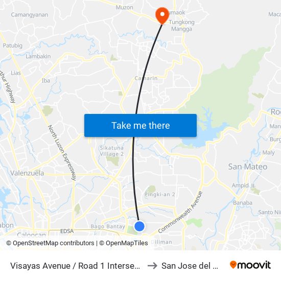 Visayas Avenue / Road 1 Intersection, Quezon City to San Jose del Monte City map