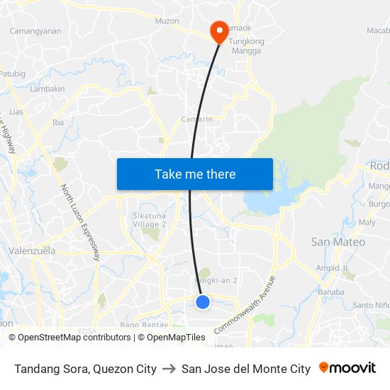 Tandang Sora, Quezon City to San Jose del Monte City map