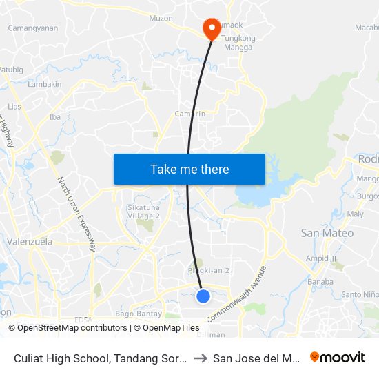 Culiat High School, Tandang Sora, Quezon City to San Jose del Monte City map