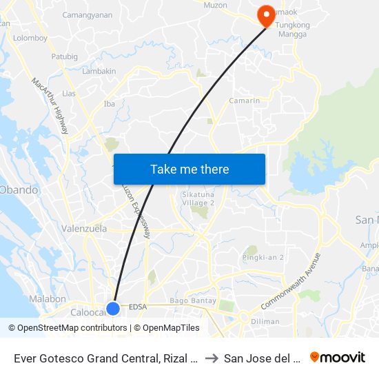 Ever Gotesco Grand Central, Rizal Avenue, Caloocan City to San Jose del Monte City map