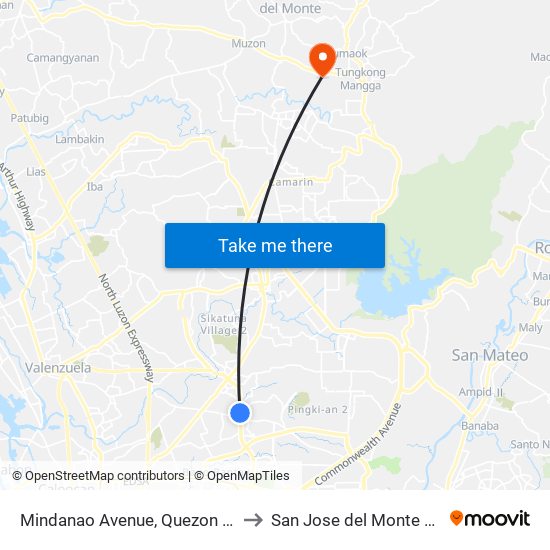 Mindanao Avenue, Quezon City to San Jose del Monte City map