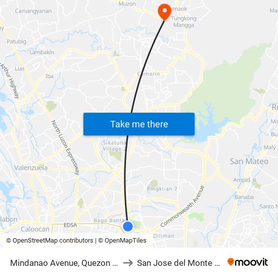 Mindanao Avenue, Quezon City to San Jose del Monte City map