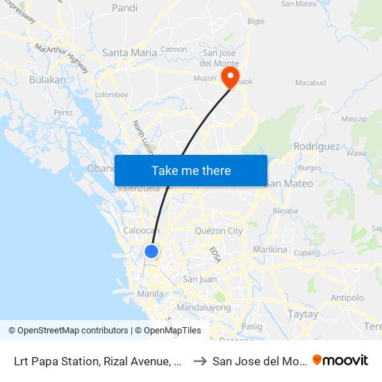 Lrt Papa Station, Rizal  Avenue, Caloocan City to San Jose del Monte City map