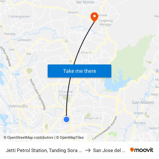 Jetti Petrol Station, Tanding Sora Avenue, Quezon City to San Jose del Monte City map